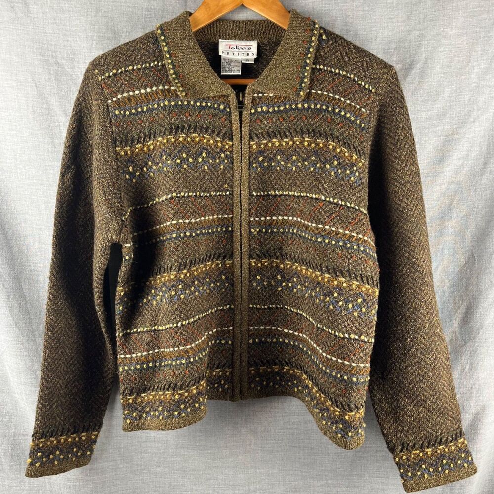 Talbots Cardigan Women's Petite Large Brown Herringbone Embroidery Zipper Fall